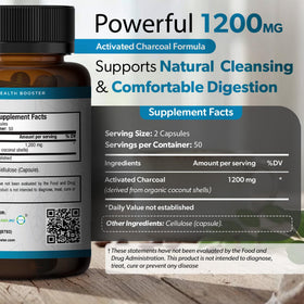 Capsules de charbon actif TRUEMED 1200mg, flacon ouvert avec capsules