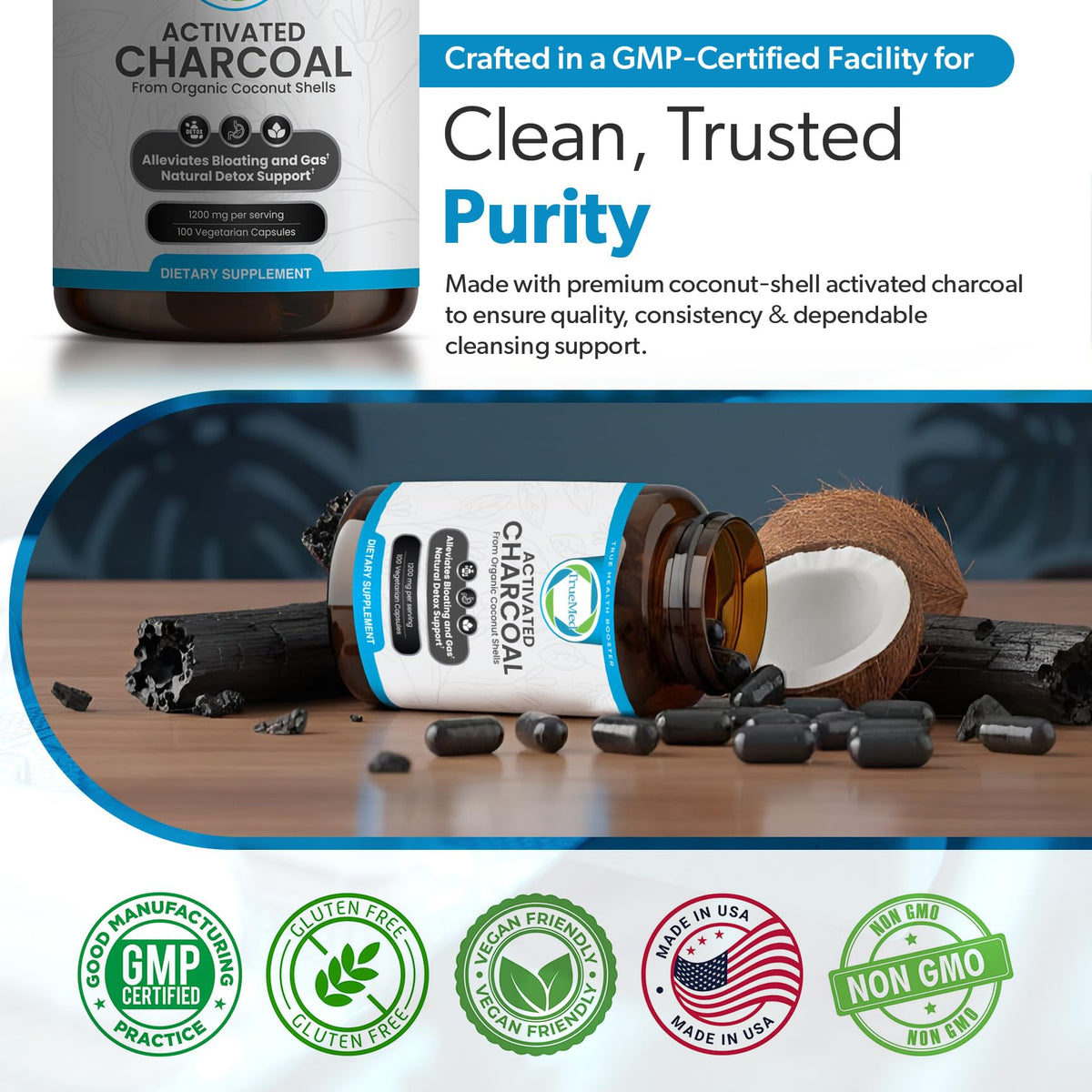Capsules de charbon actif TRUEMED 1200mg, vue de côté