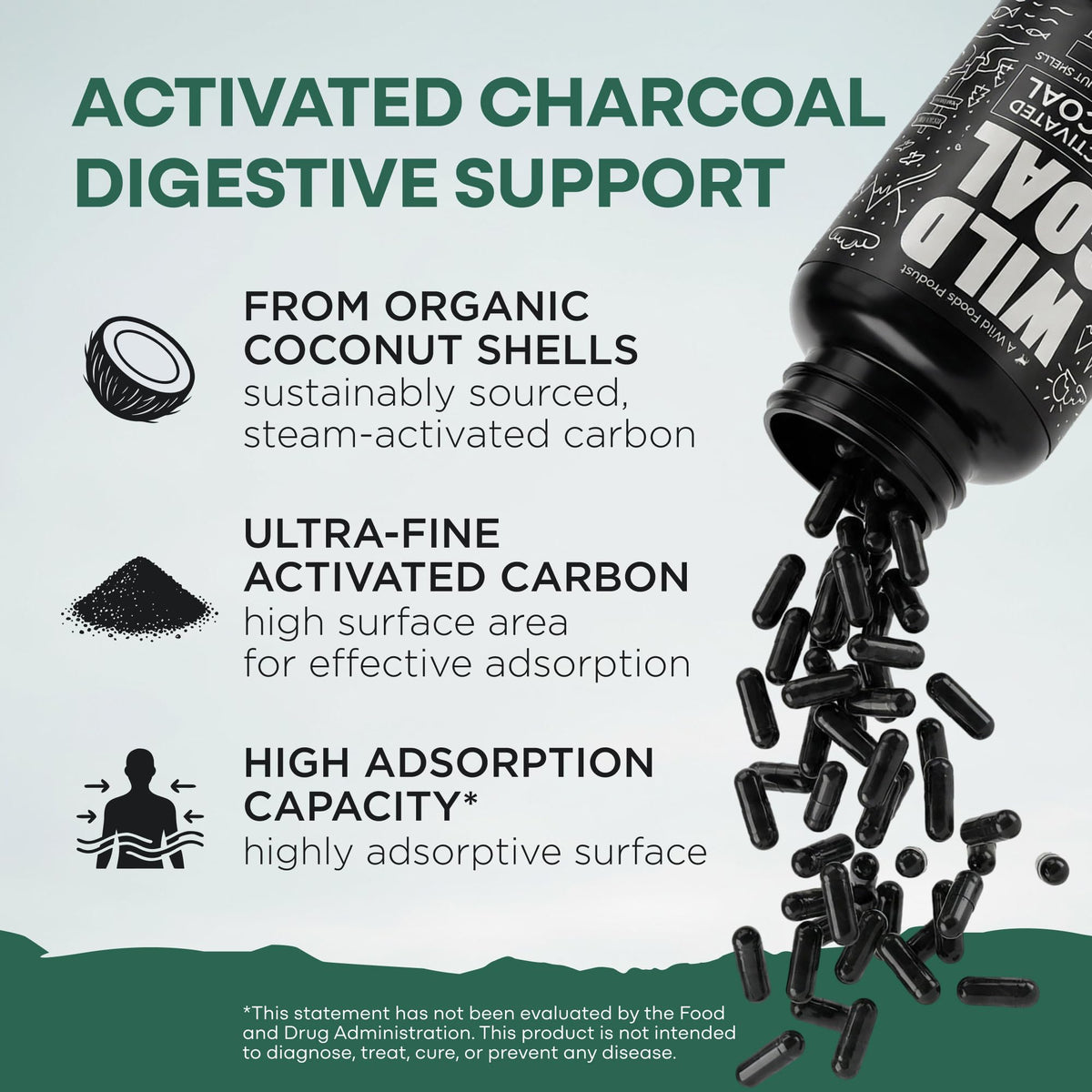 Capsules de charbon actif Wild Foods, vue rapprochée