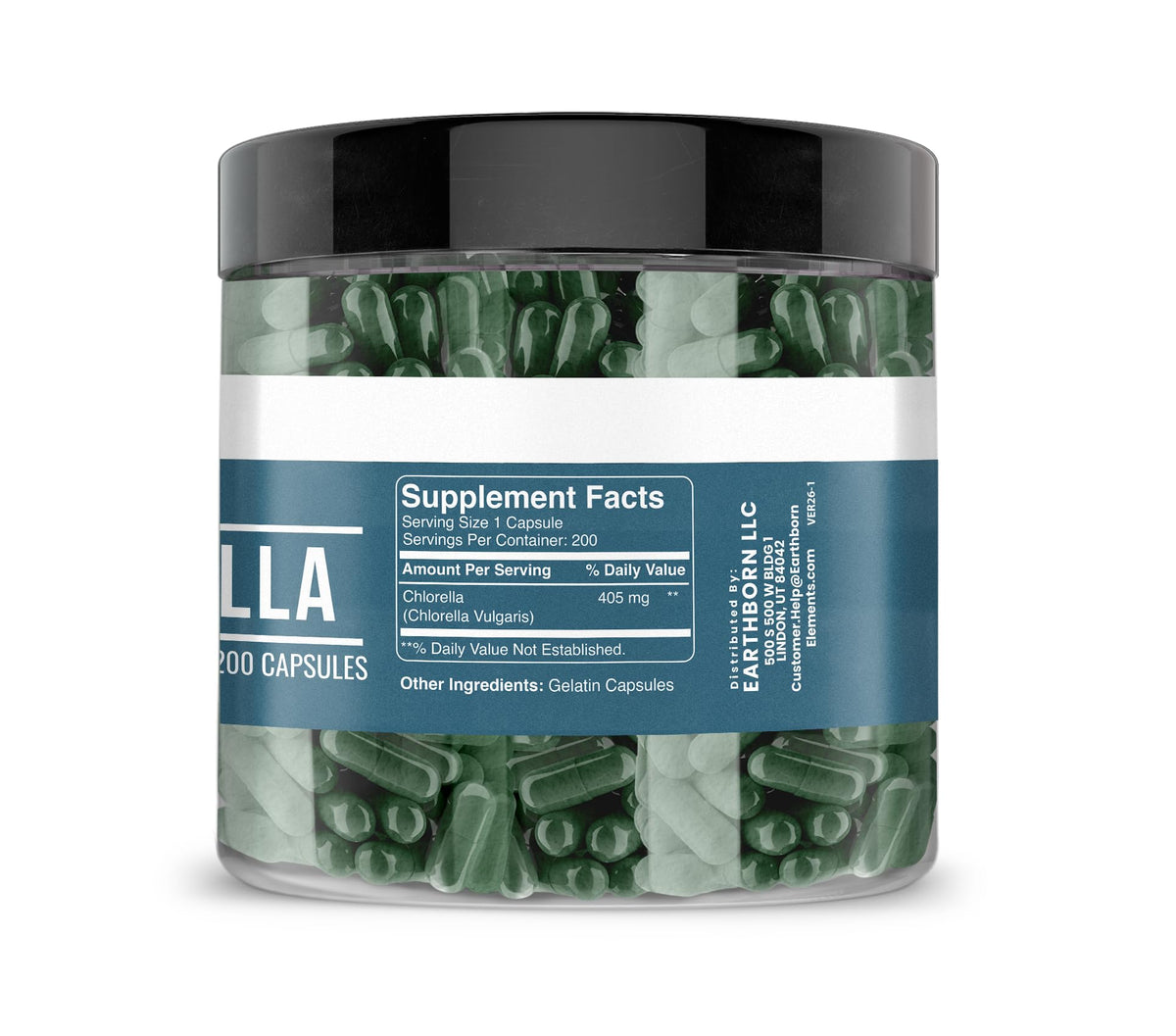 Capsules de chlorella Earthborn Elements sur un fond blanc