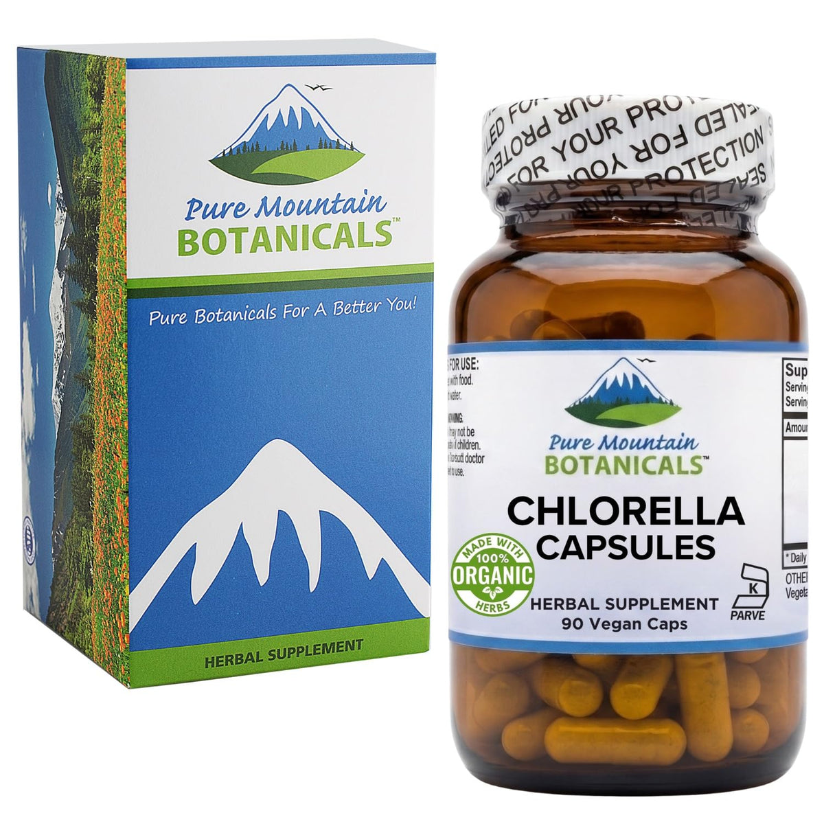 Capsules de chlorella Pure Mountain Botanicals sur un fond clair