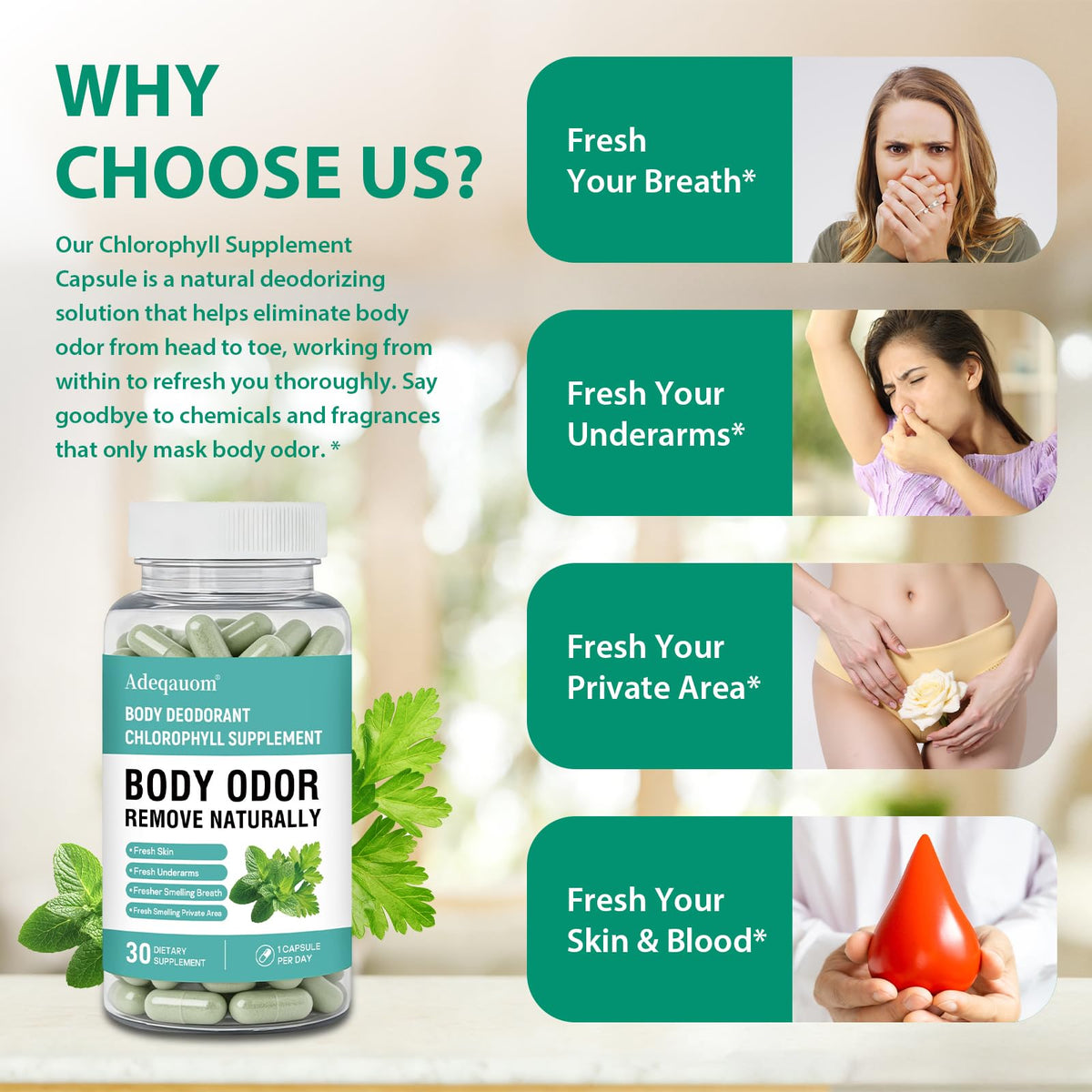 Capsules de chlorophylle Adeqauom avec des herbes fraîches