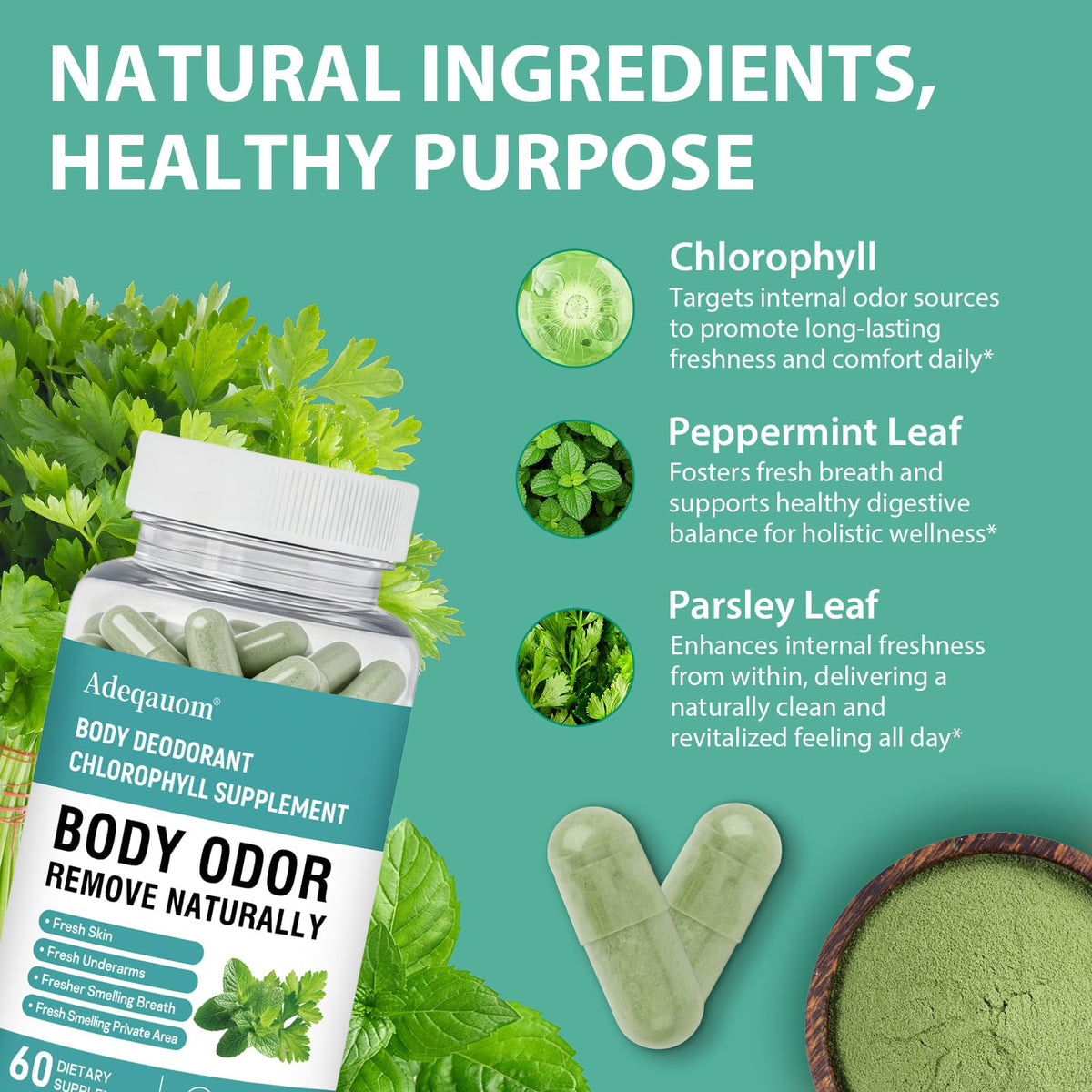 Capsules de chlorophylle Adeqauom, détail des capsules