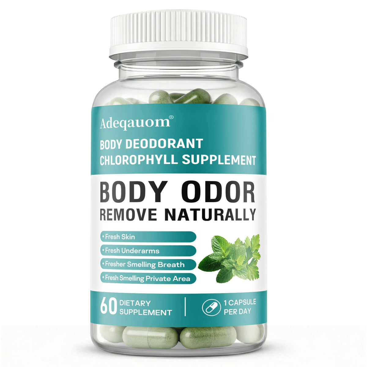 Capsules de chlorophylle Adeqauom en boîte, vue de face