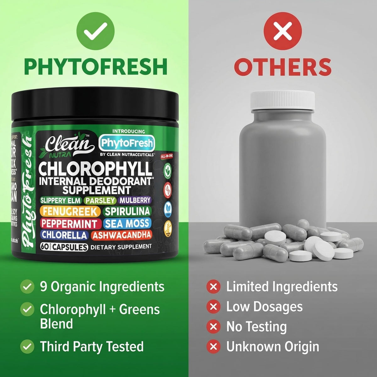 Capsules de chlorophylle Clean Nutraceuticals à côté d'autres compléments