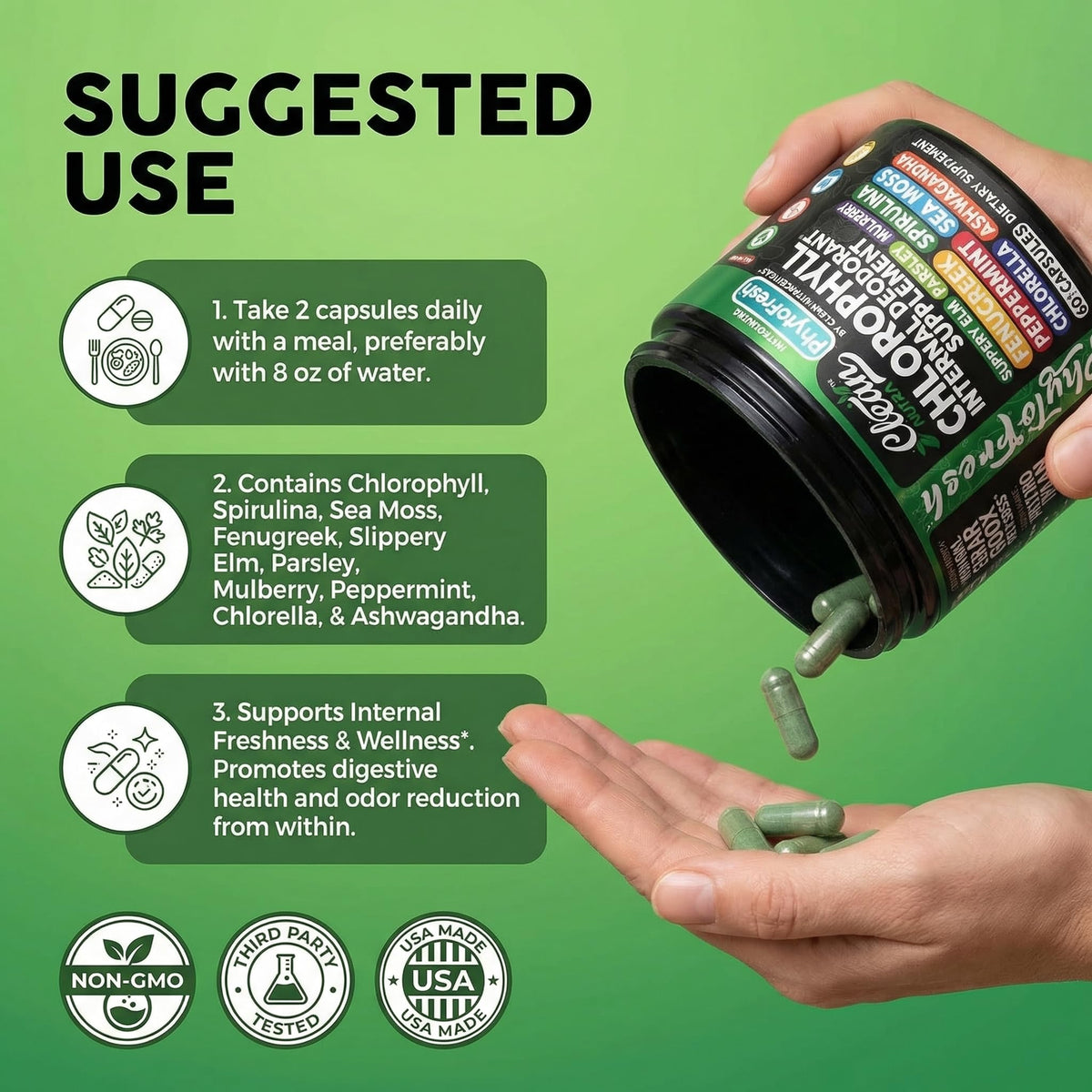 Capsules de chlorophylle Clean Nutraceuticals avec un verre d'eau