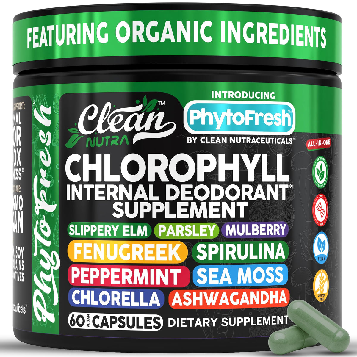 Capsules de chlorophylle Clean Nutraceuticals en boîte