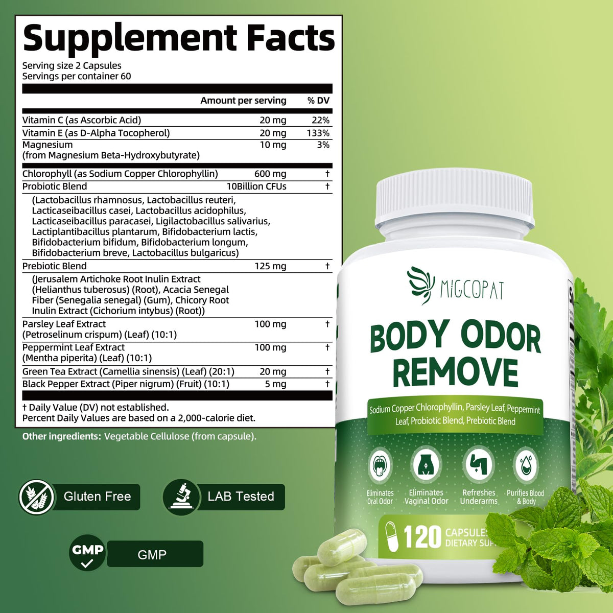 Capsules de chlorophylle Migcopat sur une surface blanche