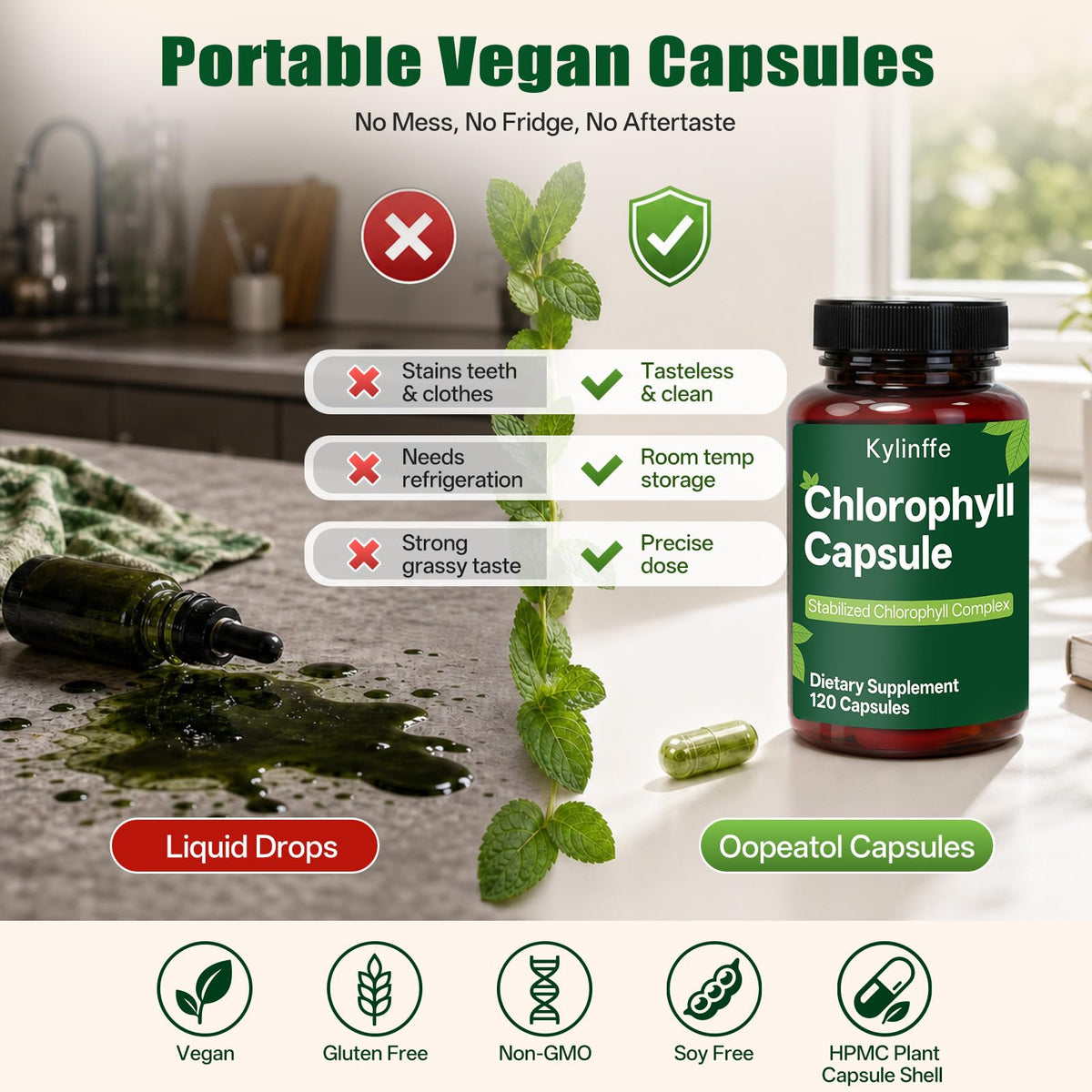 Capsules de chlorophylle Oopeatol dans une main