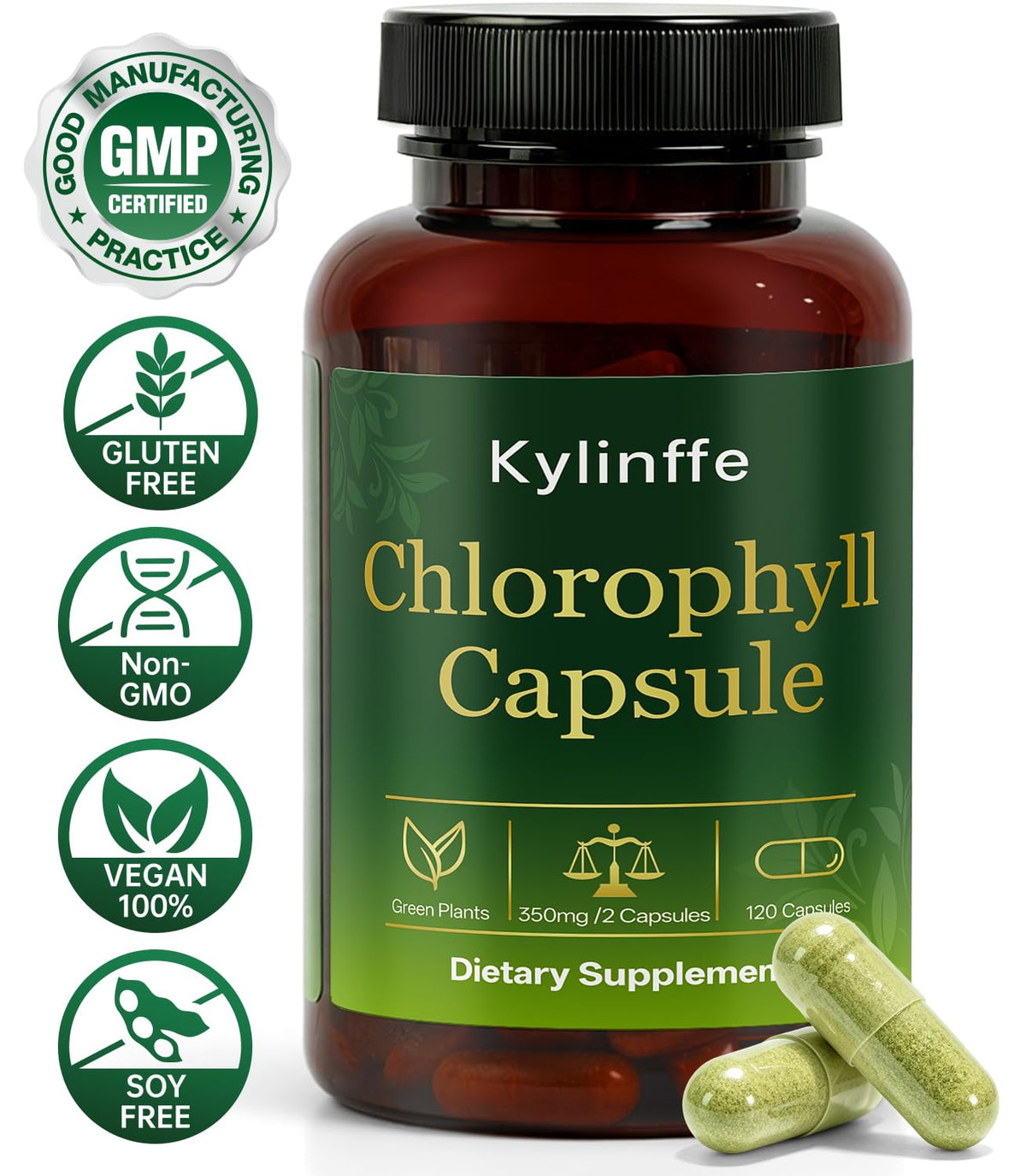 Capsules de chlorophylle Oopeatol sur une surface blanche