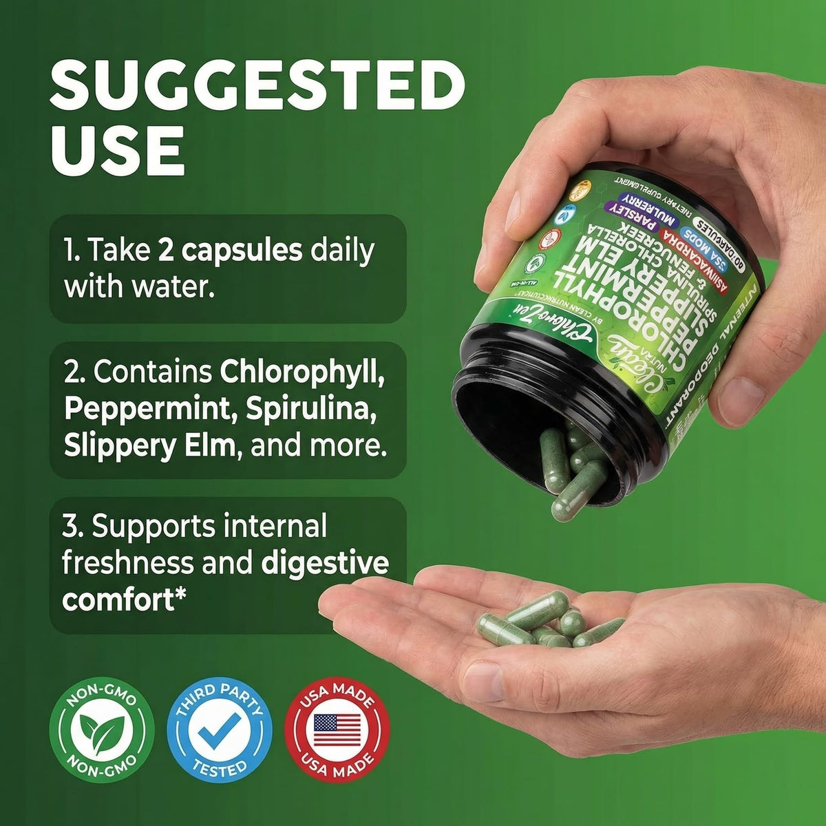 Capsules de chlorophylle sur une table en bois