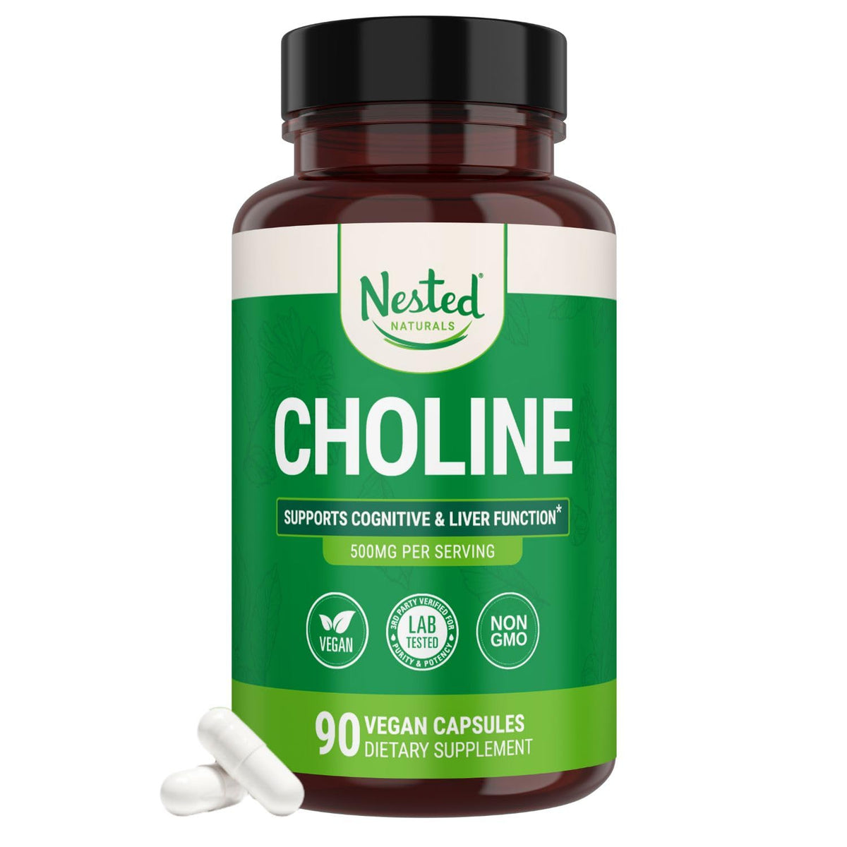 Capsules de Choline Bitartrate Nested Naturals 500mg en boîte