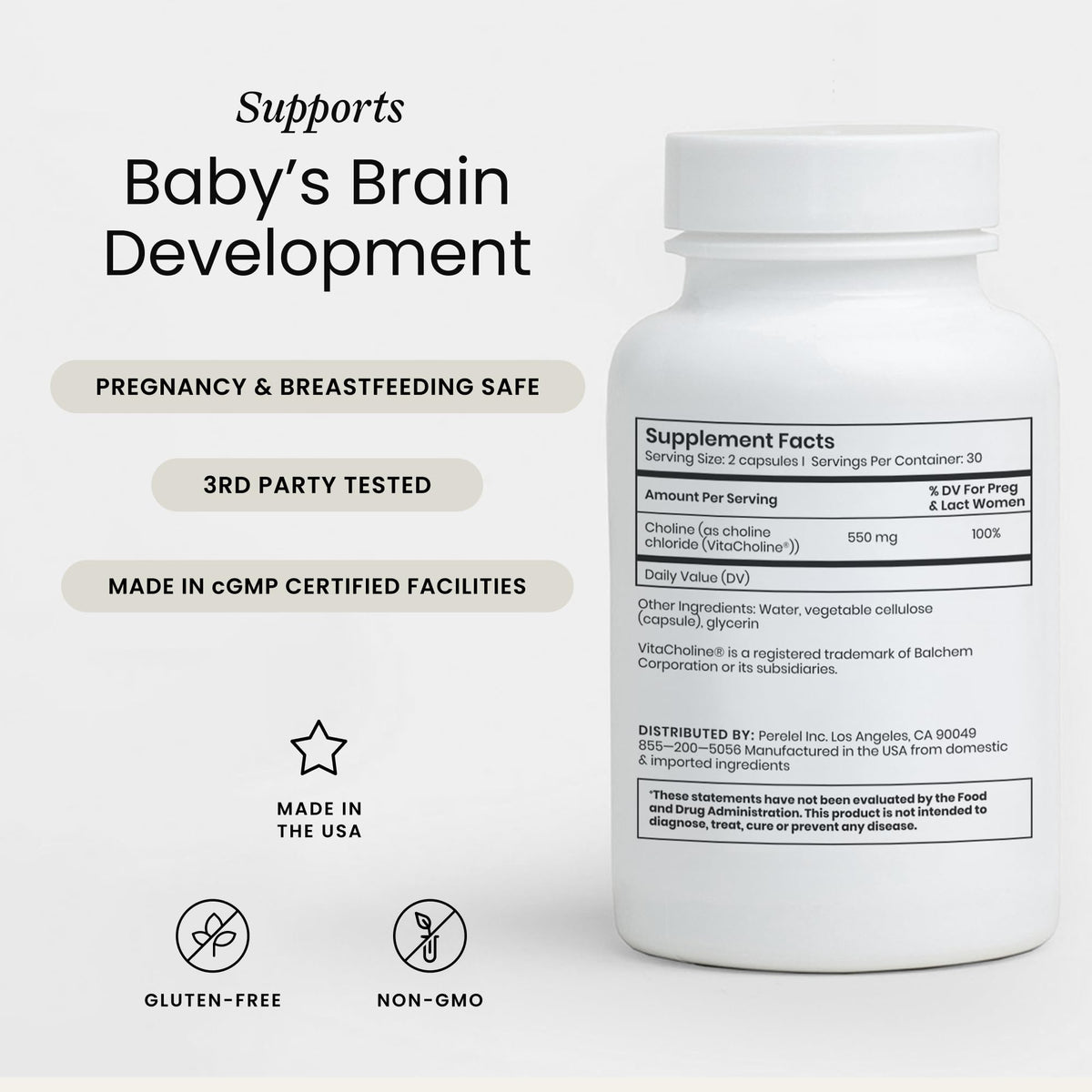 Capsules de choline Perelel sur une surface blanche