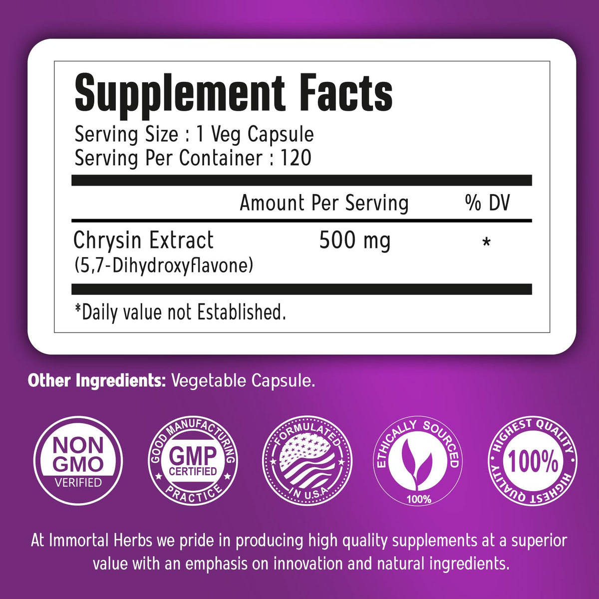 Capsules de Chrysin 500mg Immortal Herbs sur un fond blanc