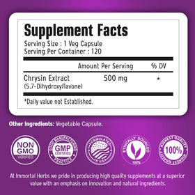 Capsules de Chrysin 500mg Immortal Herbs sur un fond blanc