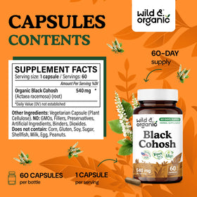 Capsules de cimicifuga racemosa Wild & Organic sur fond blanc