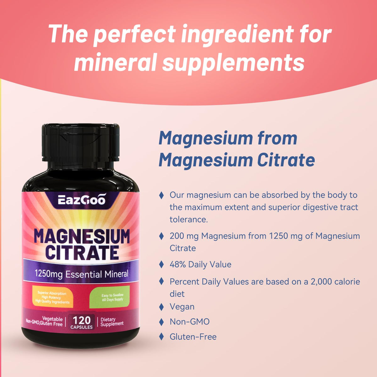 Capsules de citrate de magnésium EAZGOO empilées sur une table