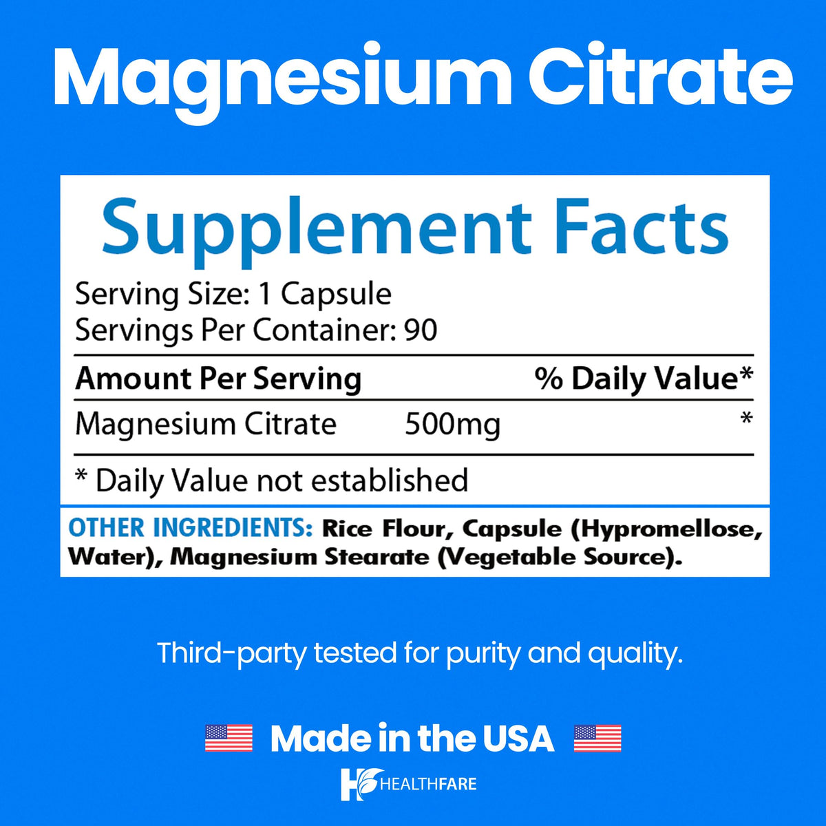 Capsules de citrate de magnésium Healthfare sur fond blanc