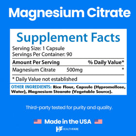 Capsules de citrate de magnésium Healthfare sur fond blanc