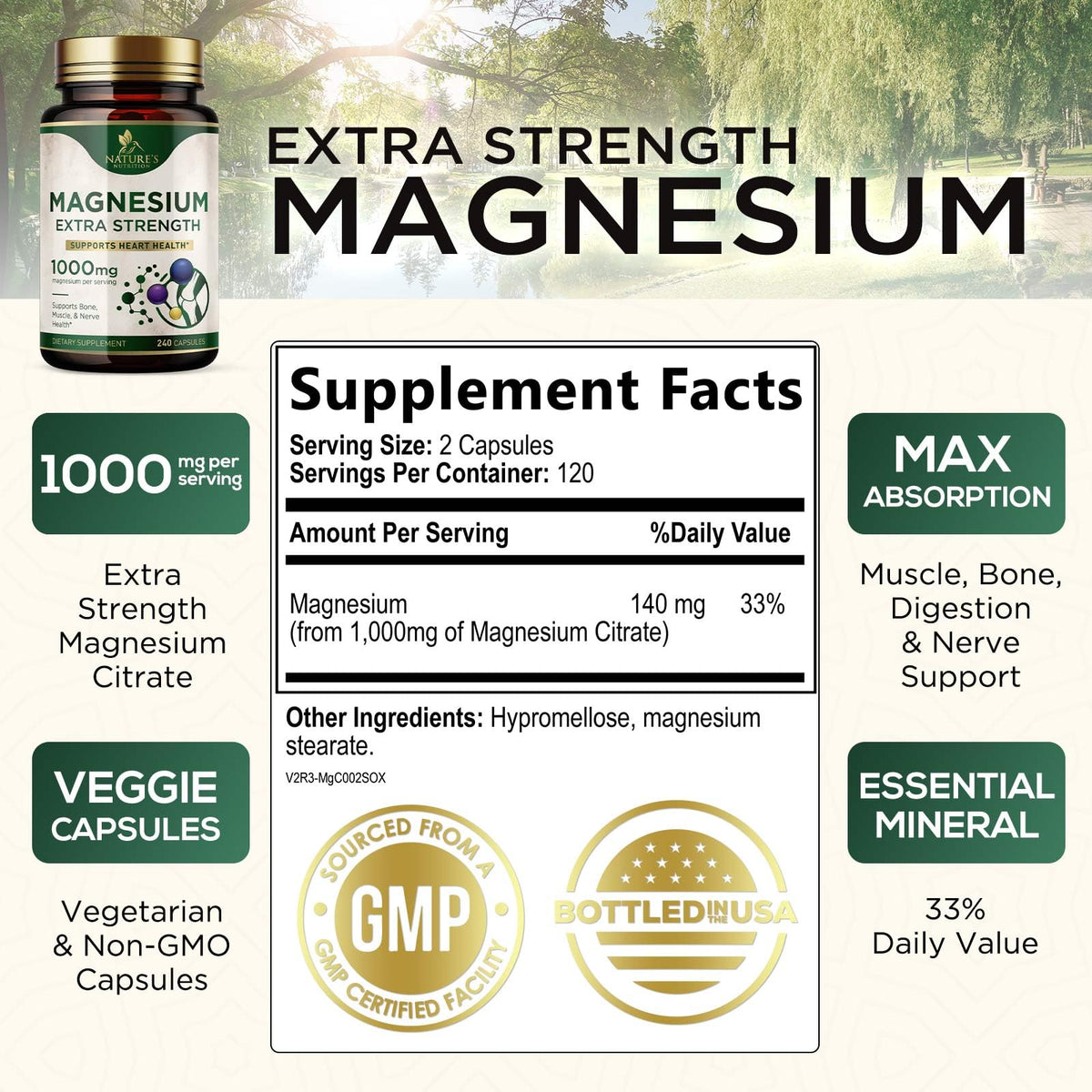 Capsules de citrate de magnésium Nature's Nutrition sur fond blanc