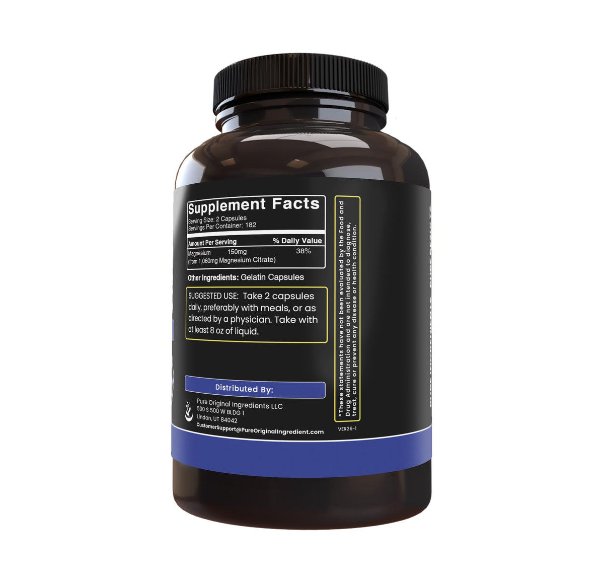 Capsules de citrate de magnésium PURE ORIGINAL INGREDIENTS à l'intérieur du flacon