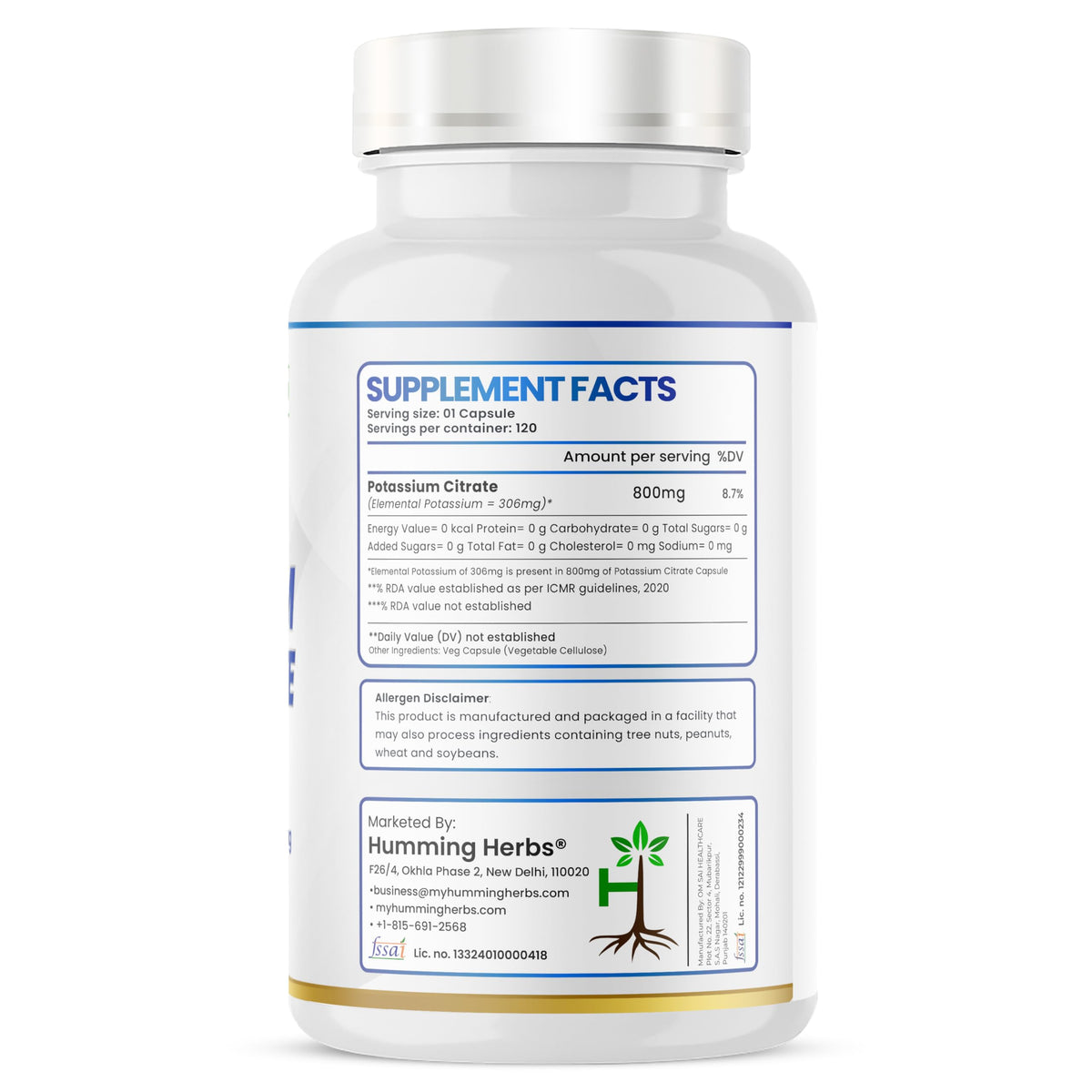 Capsules de citrate de potassium Humming Herbs dans le flacon