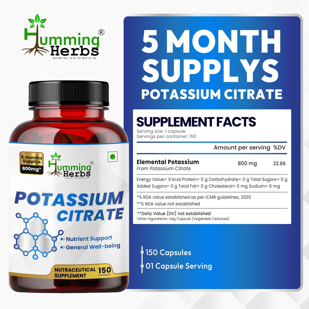 Capsules de citrate de potassium Humming Herbs sur fond blanc
