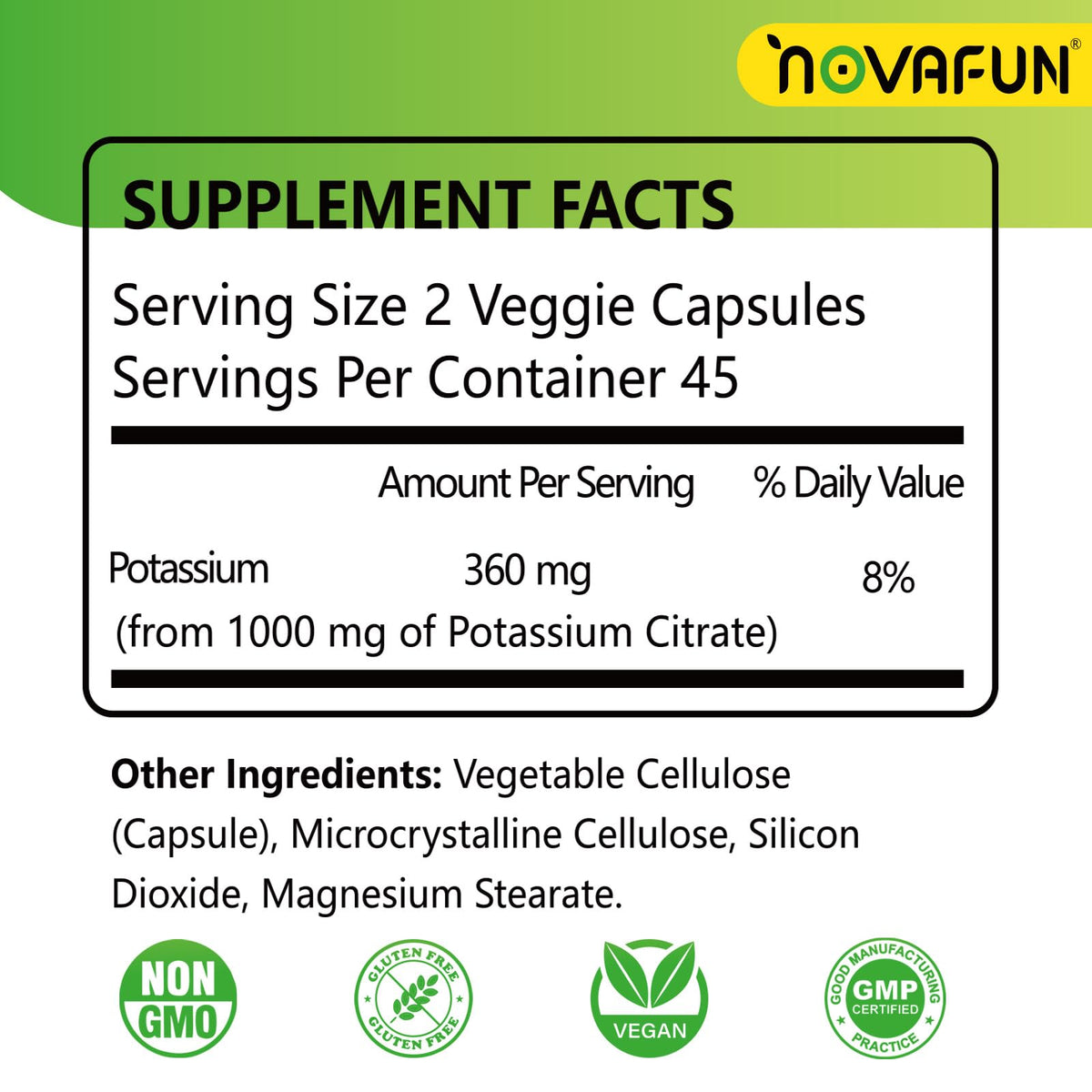 Capsules de citrate de potassium Novafun sur une surface blanche