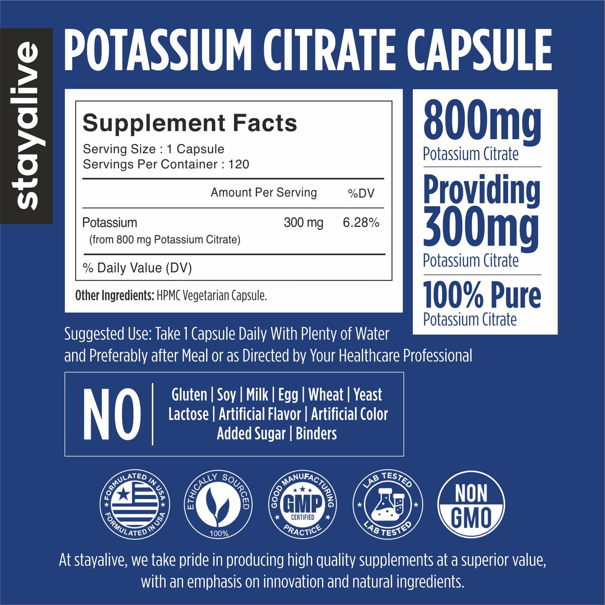Capsules de citrate de potassium STAYALIVE sur fond blanc