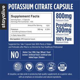 Capsules de citrate de potassium STAYALIVE sur fond blanc