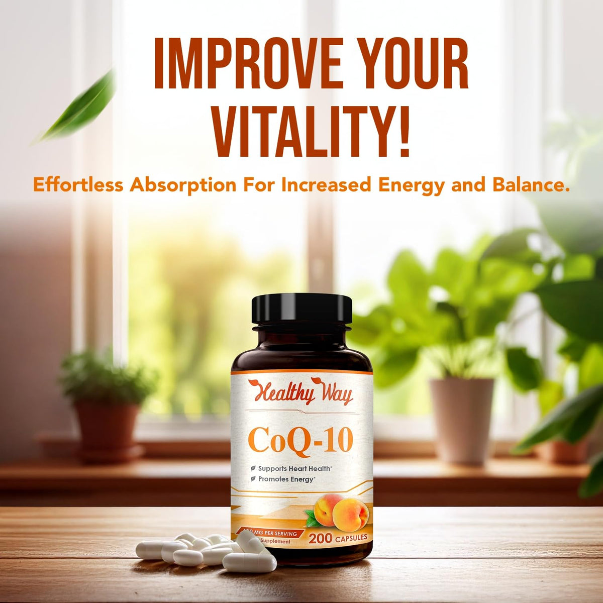 Capsules de Coenzyme Q10 200mg HealthyWayRx sur une table