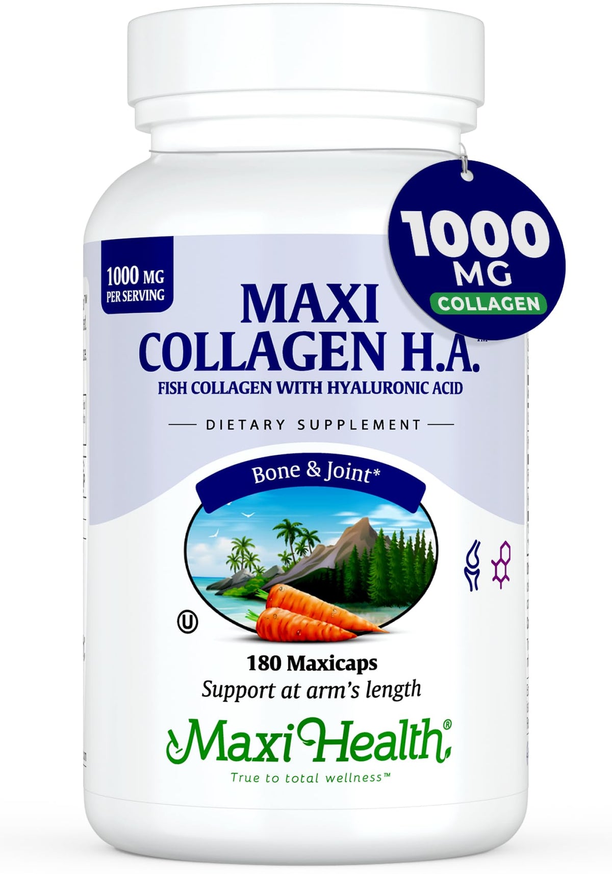 Capsules de collagène marin Maxi Health 1000mg sur fond blanc