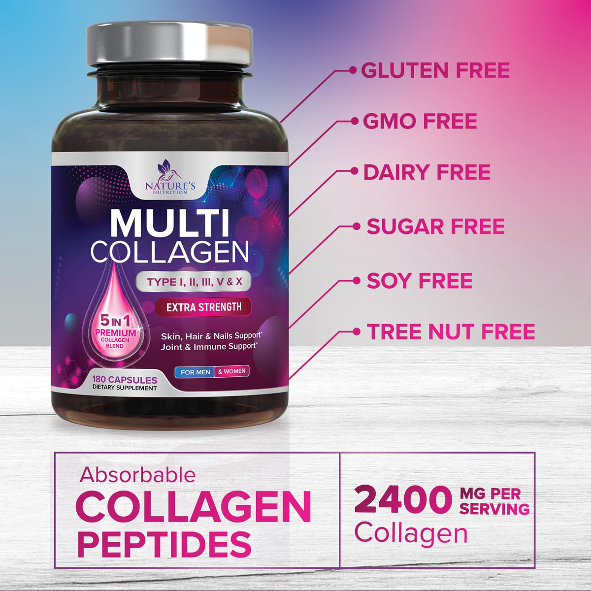 Capsules de collagène Nature's Nutrition avec des ingrédients en arrière-plan