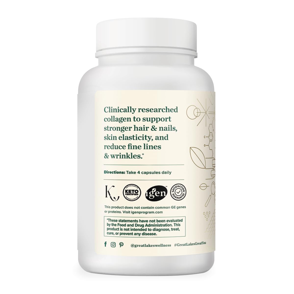 Capsules de collagène peptides Great Lakes Gelatin sur une surface blanche