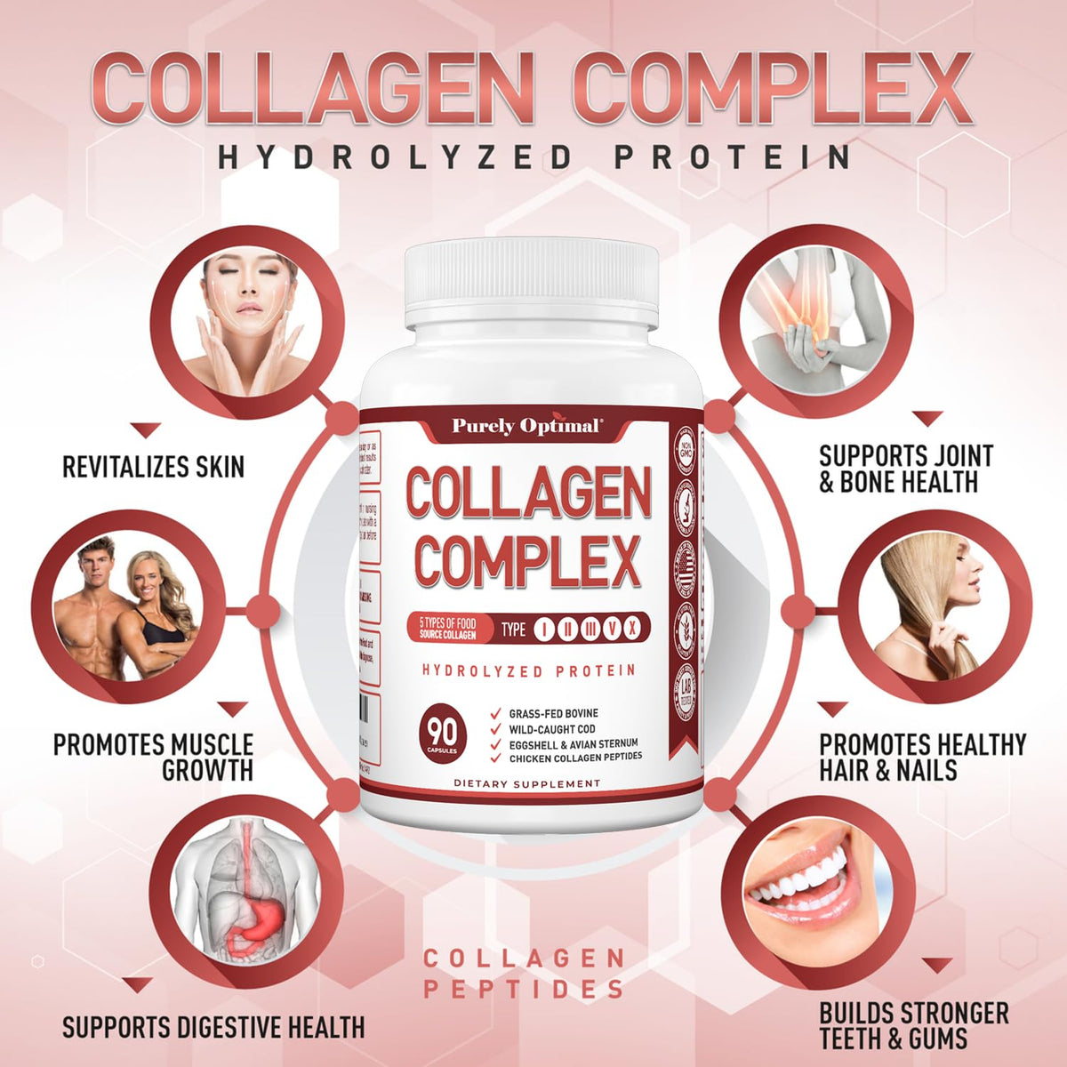 Capsules de collagène Purely Optimal sur une surface blanche