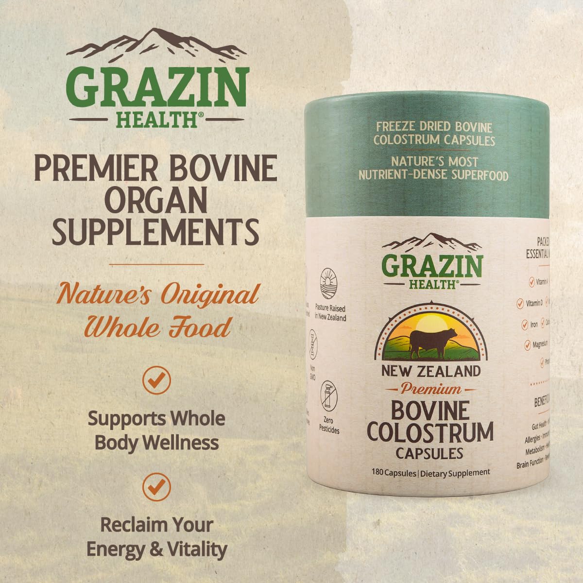 Capsules de colostrum bovin GRAZIN HEALTH sur fond blanc