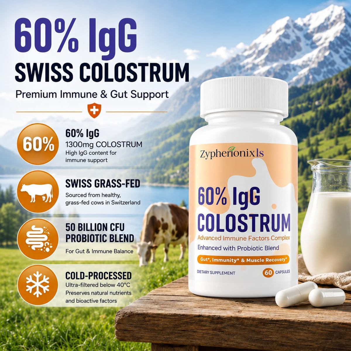 Capsules de colostrum bovin Zypherionixls en gros plan