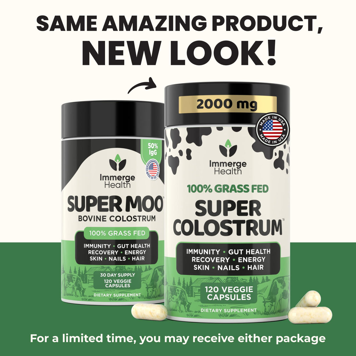 Capsules de colostrum d'ImmergeHealth.com prêtes à être prises