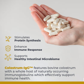 Capsules de colostrum-IgG sur une surface blanche