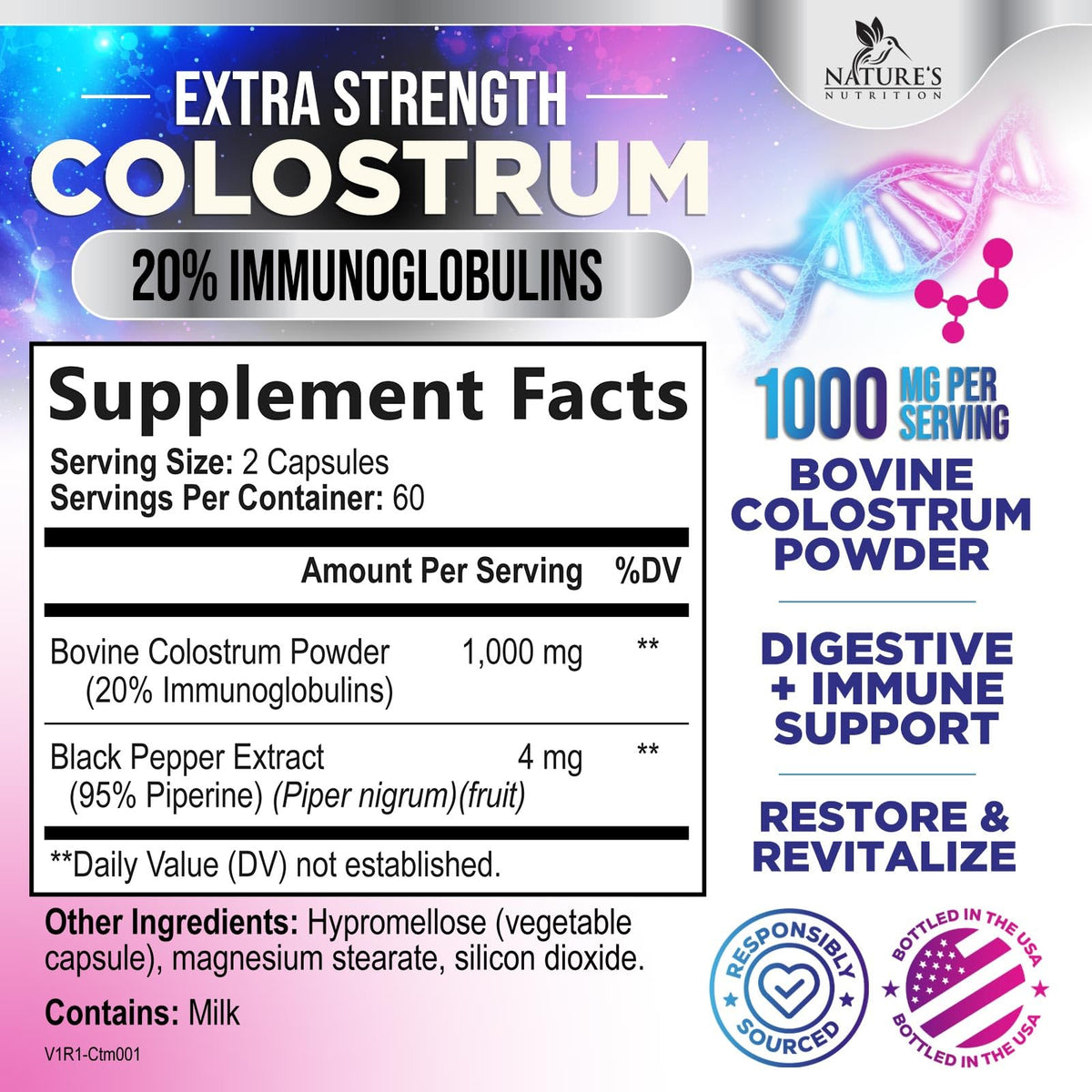 Capsules de colostrum Nature's Nutrition en gros plan