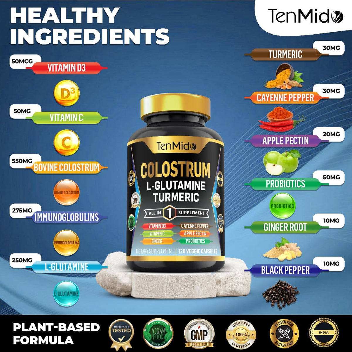 Capsules de colostrum Tenmido sur une table