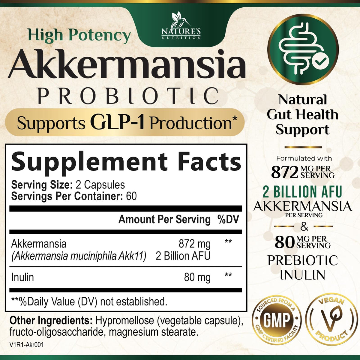 Capsules de complément Akkermansia Nature's Nutrition sur fond blanc