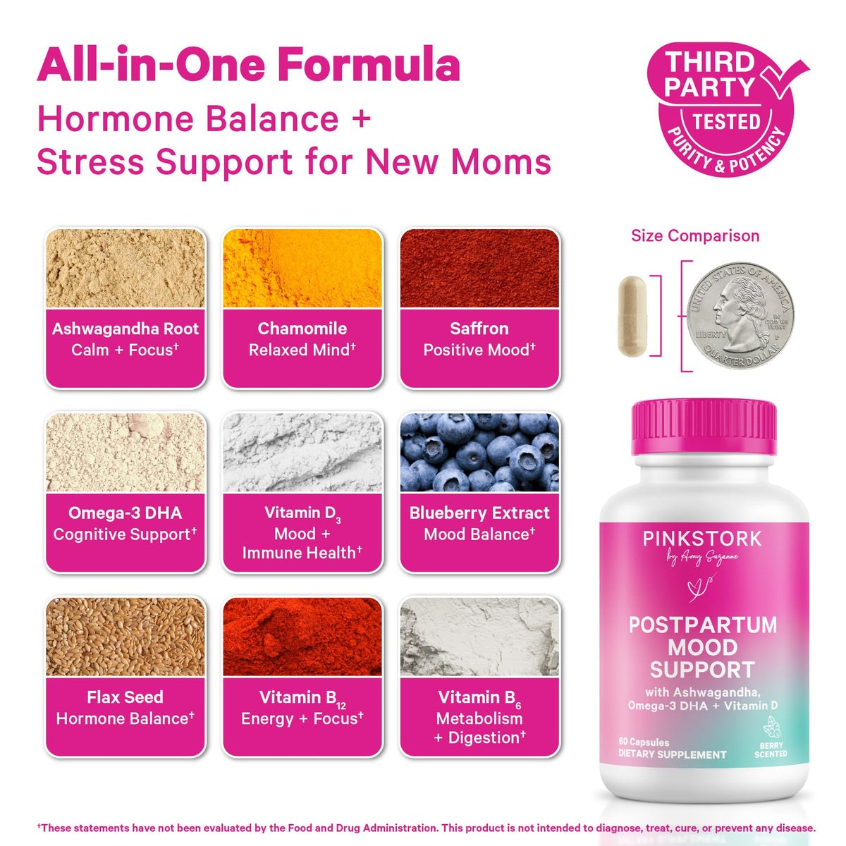 Capsules de complément alimentaire Pink Stork sur une surface blanche