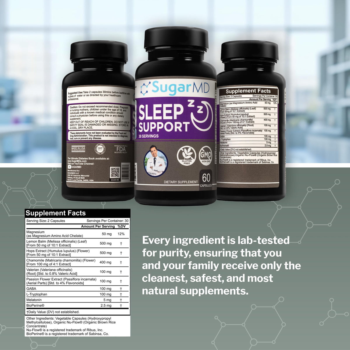 Capsules de complément alimentaire sommeil SugarMD sur une table en bois