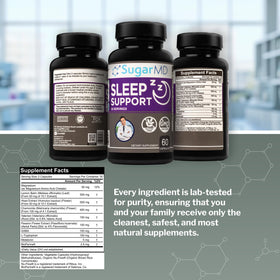 Capsules de complément alimentaire sommeil SugarMD sur une table en bois