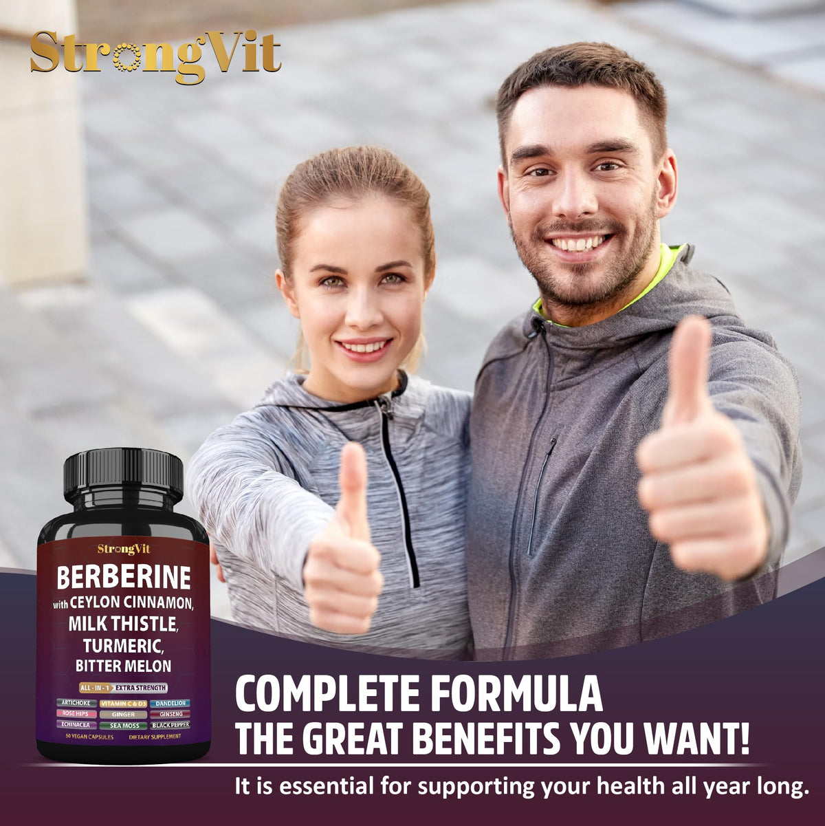 Capsules de complément alimentaire StrongVit sur une cuillère en bois