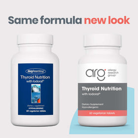 Capsules de complément alimentaire thyroïdien Allergy Research Group sur une surface blanche