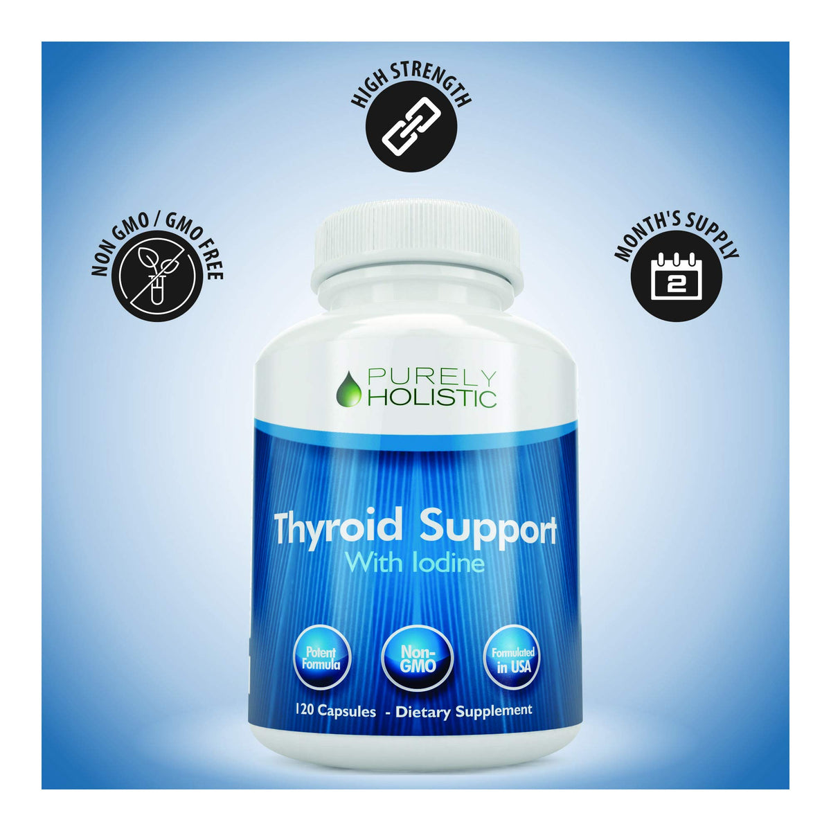 Capsules de complément alimentaire thyroïdien Purely Holistic sur fond blanc