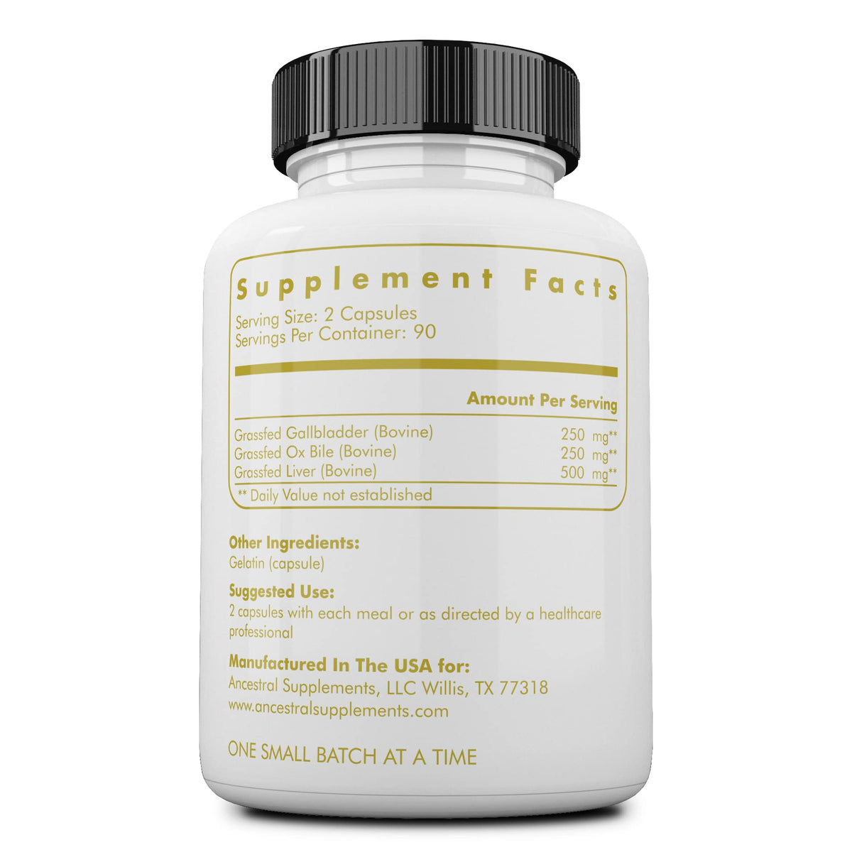 Capsules de complément alimentaire vésicule biliaire Ancestral Supplements sur fond blanc