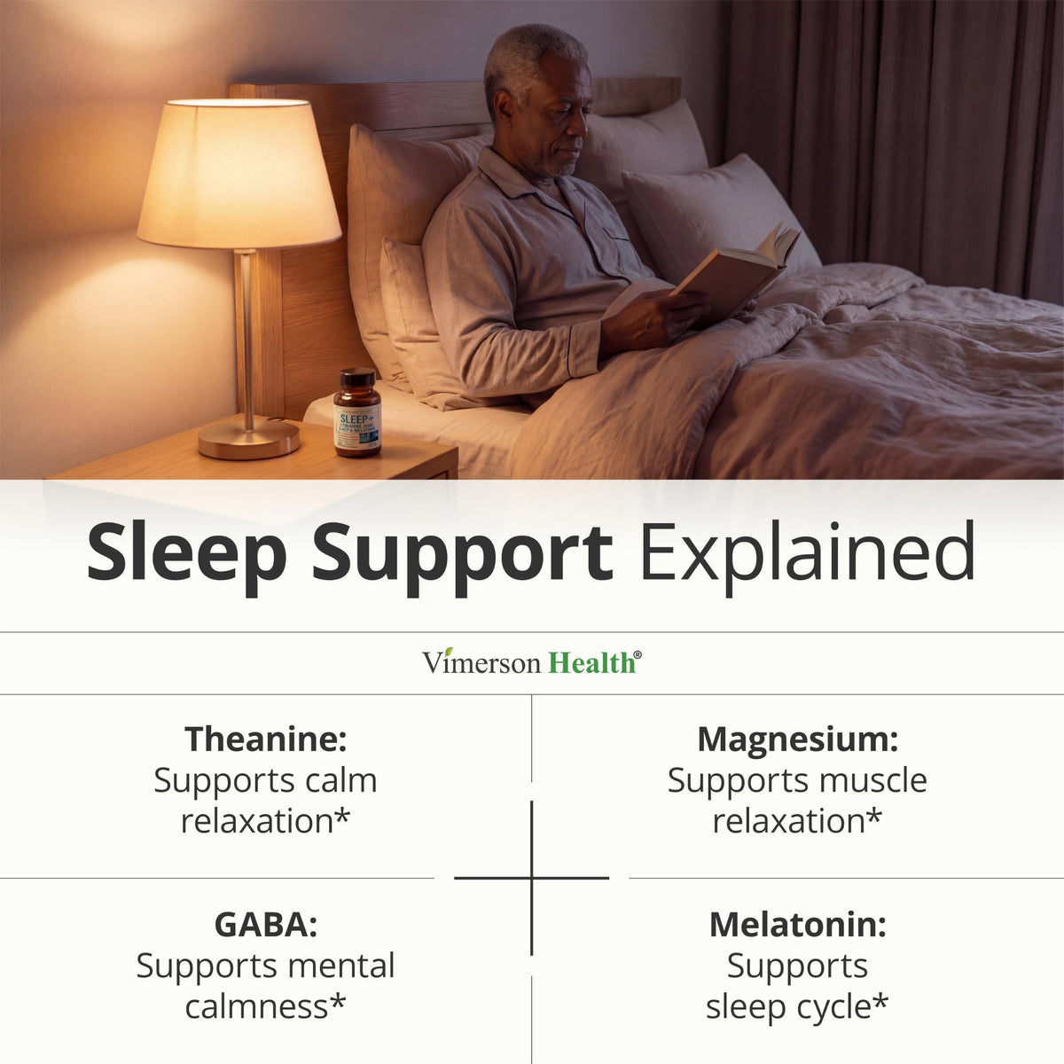 Capsules de complément de sommeil Vimerson Health sur un fond blanc
